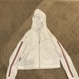 Fashion Nova White Hoodie with Striped Sleeves